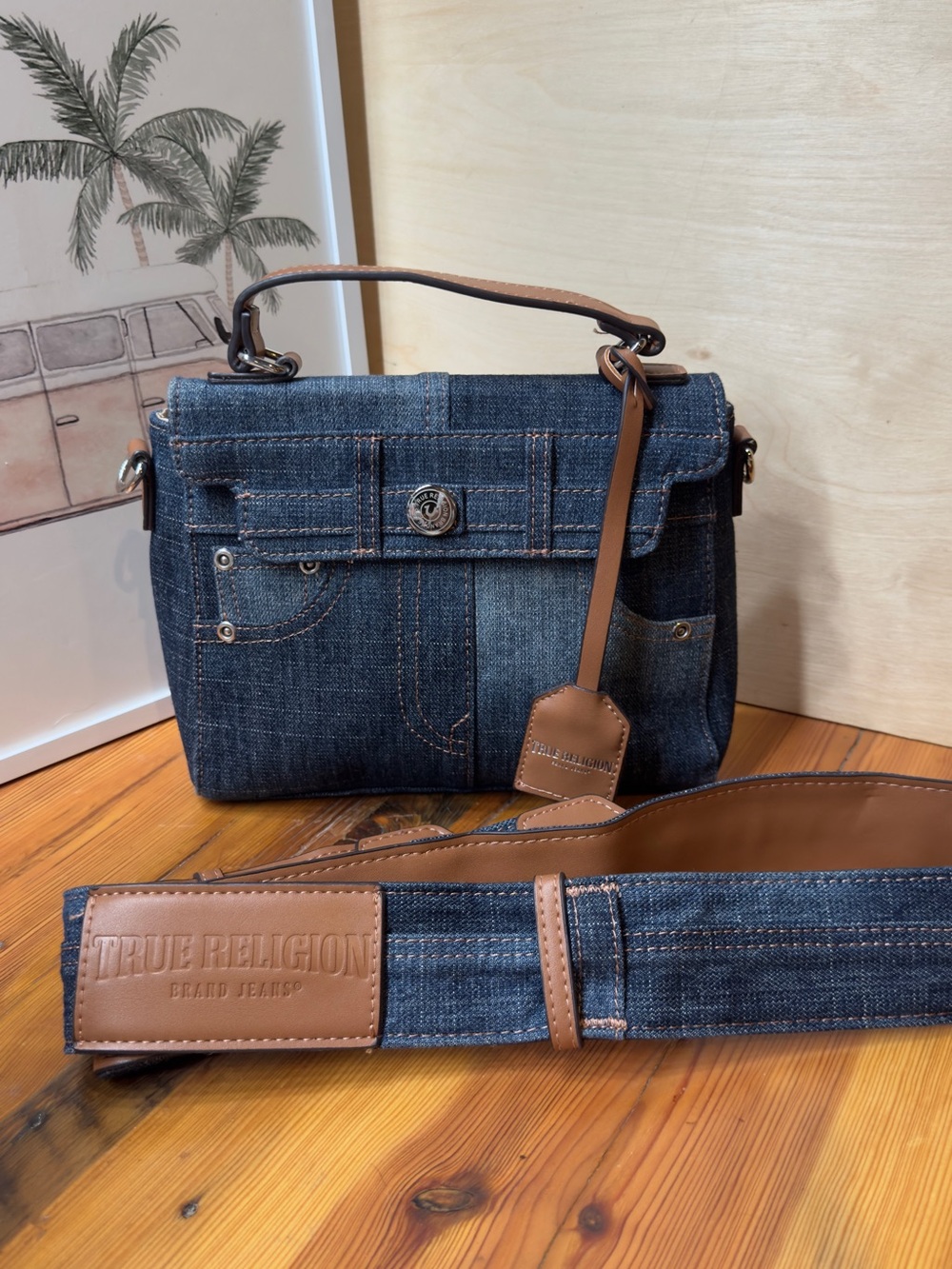True Religion Denim Satchel in Dark Blue with Tan Accents